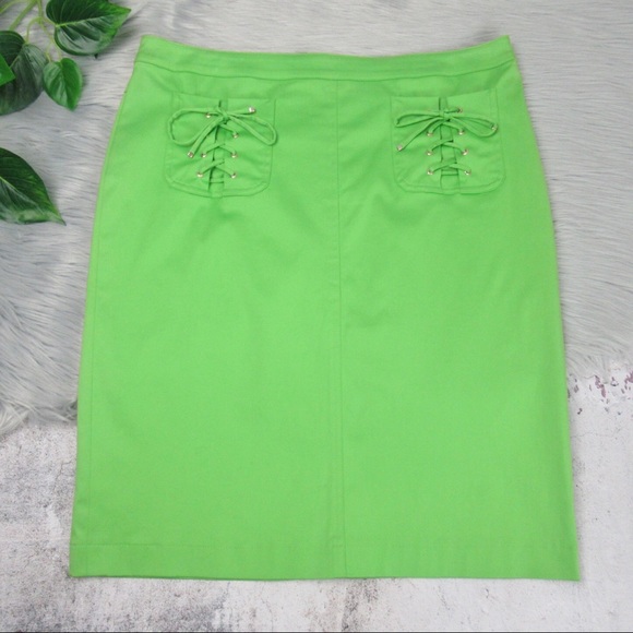 ESCADA Neon Green Straight Pencil Skirt Lac-Up Pockets Women’s Size 40 US M - Picture 5 of 14